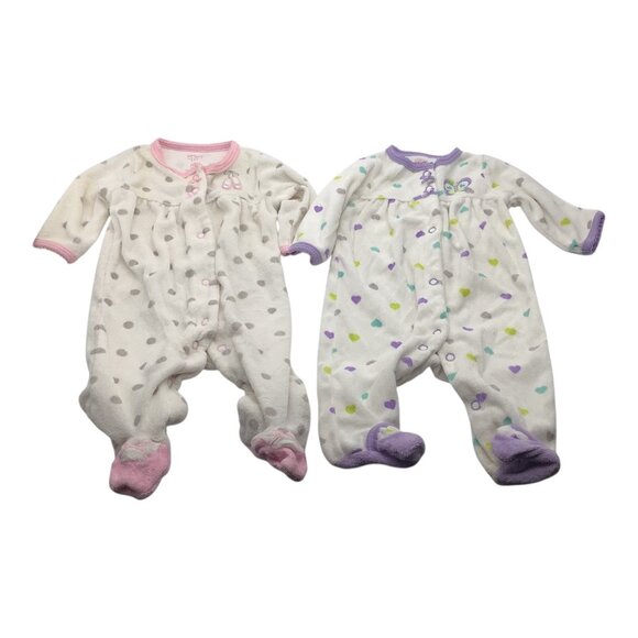 Lot Of 2 Carter's Baby Girl Pajamas Size NB Sleepers Footed Polka Dots & Hearts - Picture 1 of 14